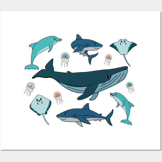 cartoon ocean and sea happy animals. Whale, dolphin, shark, stingray of two types, jellyfish Wall Art by essskina